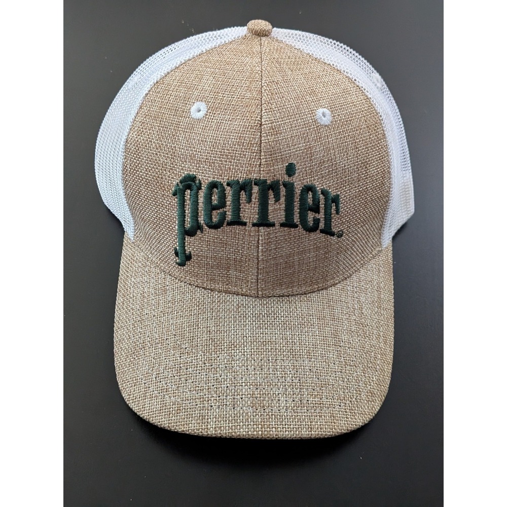 Perrier Water Promo Hat Snapback‎ Mesh Trucker Woven Tan White Cap America OSFM